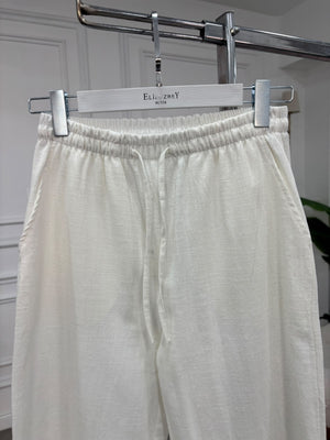 Ekru Beli Bağcıklı Keten Pantolon 7532-Ekru