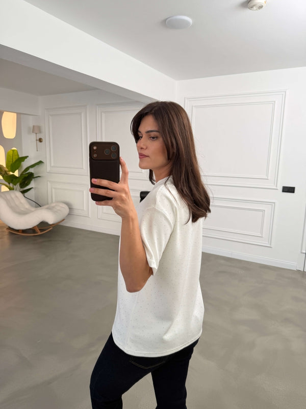 Beyaz Taş Baskılı Tshirt 4236-Beyaz