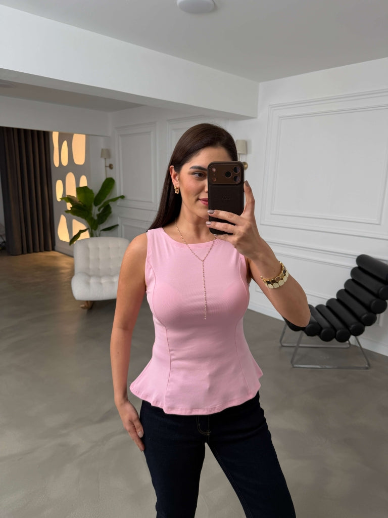 Pembe Yanları Pensli Geniş Askılı Bluz 1919-Pembe