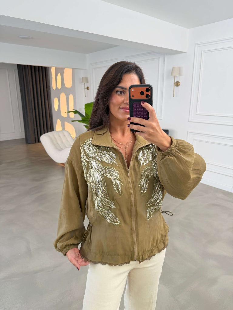 Olive Pul İşlemeli Cepli Fermuarlı Ceket 9773-Olive