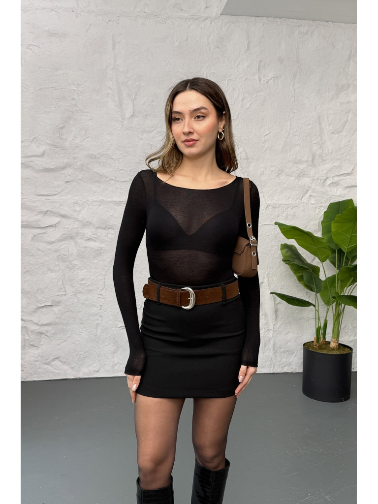 Siyah Süet Kemerli Mini Etek 251114-Siyah