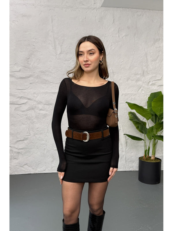 Siyah Süet Kemerli Mini Etek 251114-Siyah