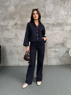 Lacivert Geniş Kol Denim Takım