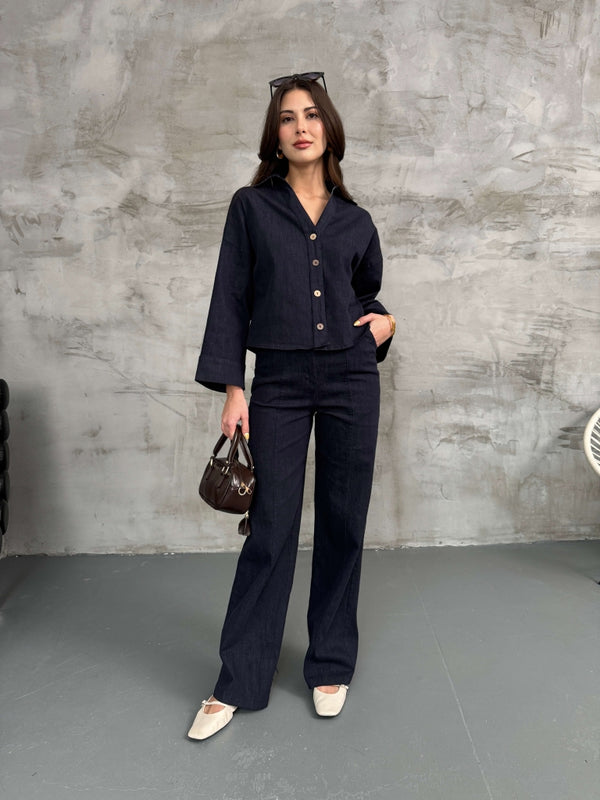 Lacivert Geniş Kol Denim Takım