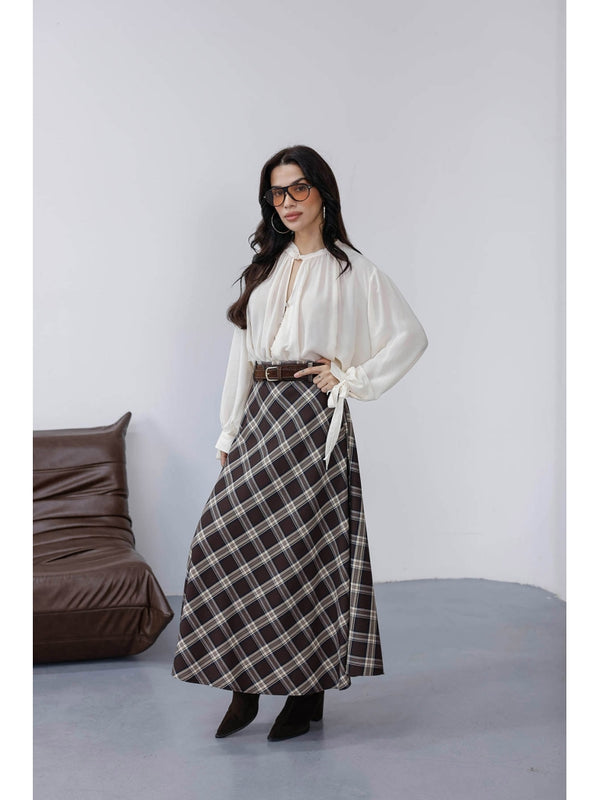 Kahverengi Süet Kemerli Ekose Etek 58461-Kahve