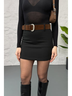 Siyah Süet Kemerli Mini Etek 251114-Siyah
