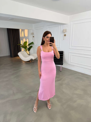 Pembe Omzu Gold Tokalı Modal Elbise 4276-Pembe