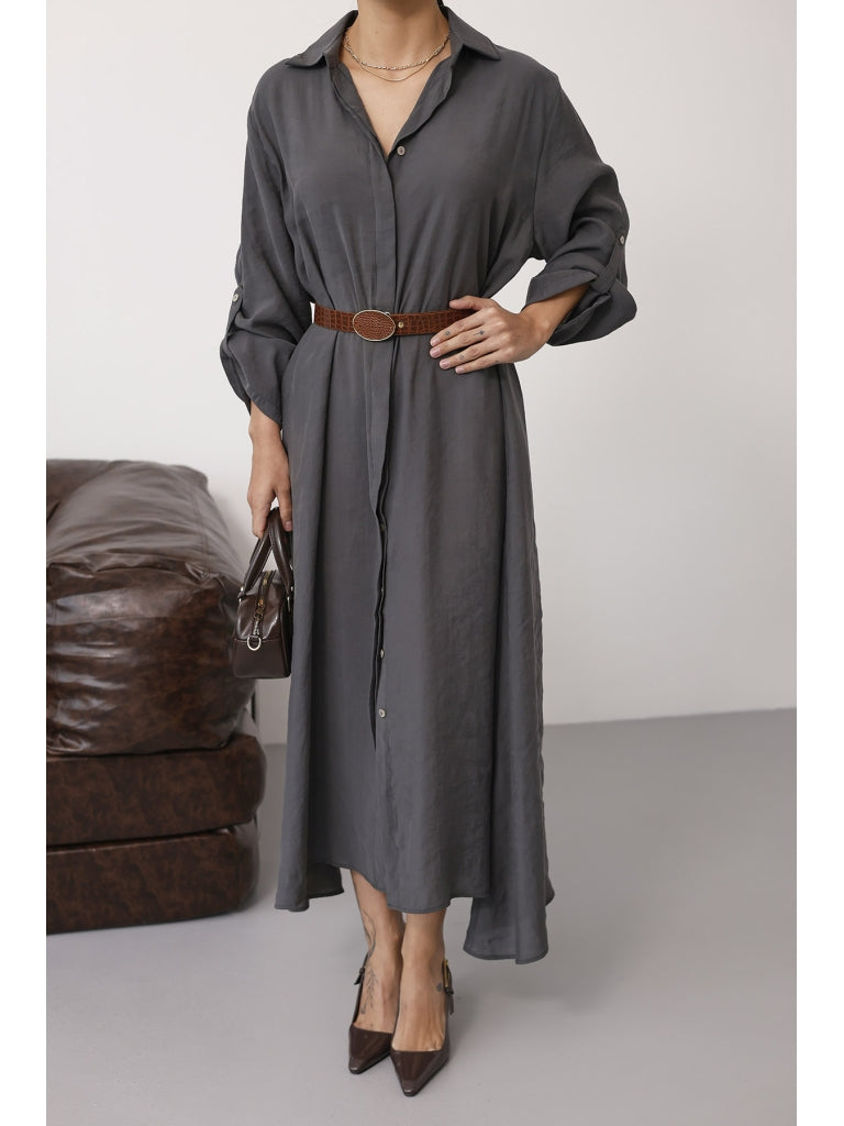 Antrasit Tensel Kemerli Gömlek Elbise EYY3270-ANTRASİT