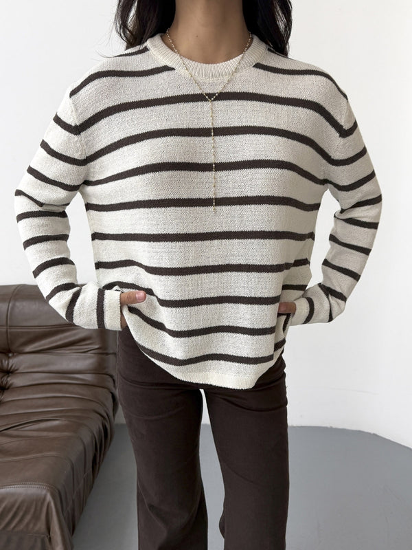 Ekru Kahve Çizgili Triko Kazak 261032-Ekru