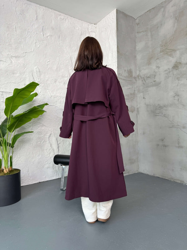 Mürdüm Kruvaze Detaylı Oversize Trençkot