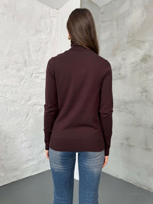 Kahverengi Balıkçı Yaka Gold Düğmeli Triko Bluz 2315-Kahverengi