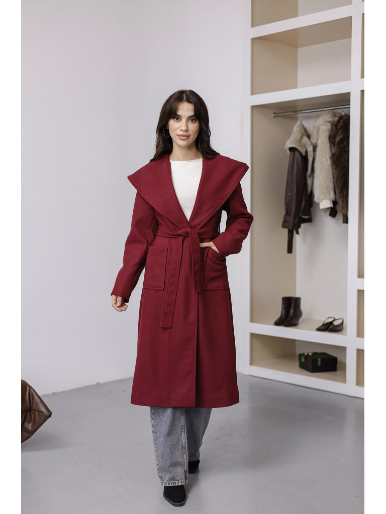 Bordo Kapşonlu Kaşe Kaban 2610-Bordo