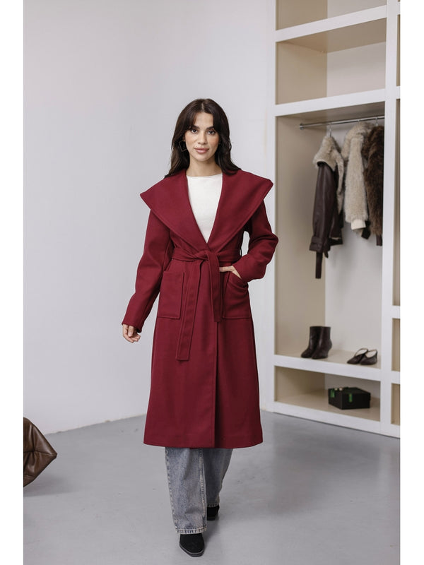 Bordo Kapşonlu Kaşe Kaban 2610-Bordo