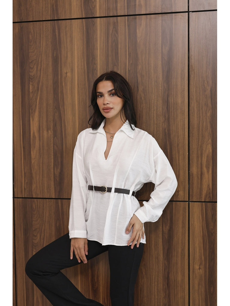 Beyaz Bel Kemerli Gömlek 580747-Beyaz