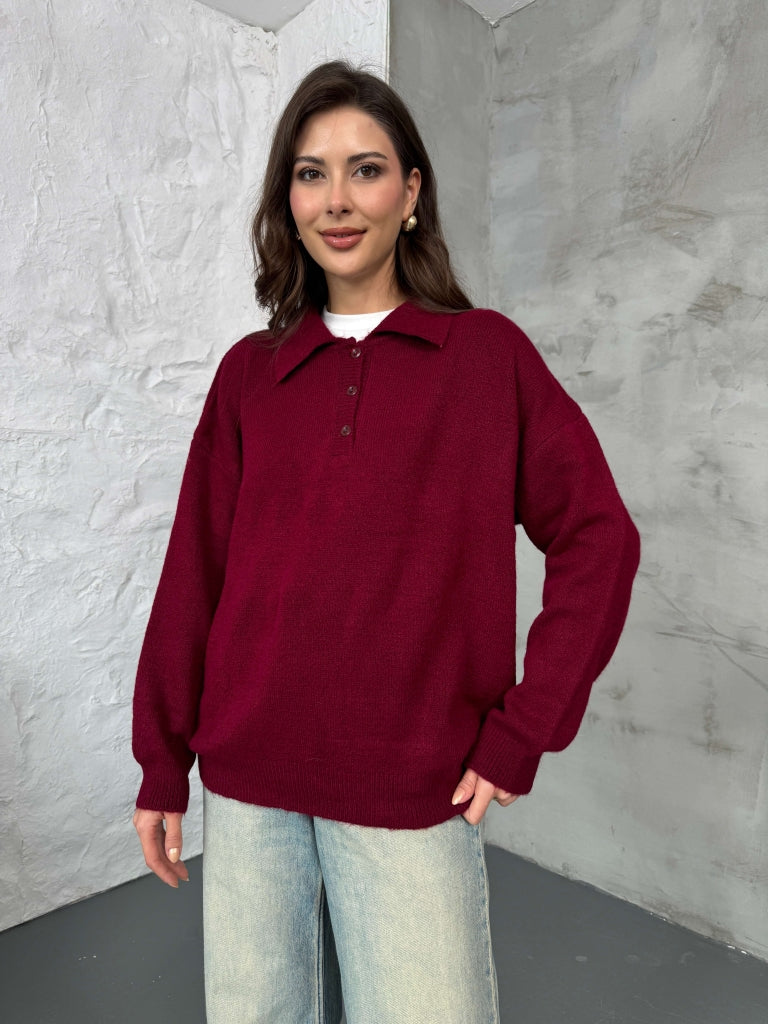 Bordo Polo Yaka Düğmeli Triko Kazak 2482-BORDO