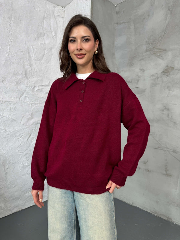 Bordo Polo Yaka Düğmeli Triko Kazak 2482-BORDO