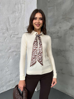 Ekru Polo Yaka Fularlı Massi Model Kazak R0097-Ekru