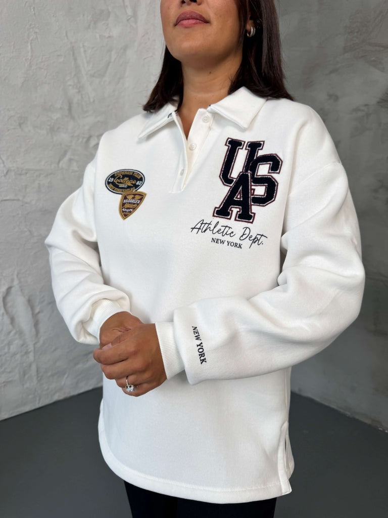 Beyaz Arma Nakışlı Polo Yaka Sweat