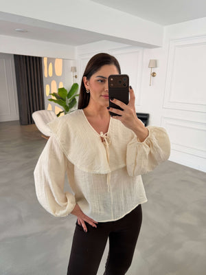 Krem Yakası Dantel Detaylı Keten Bluz 5068-Krem