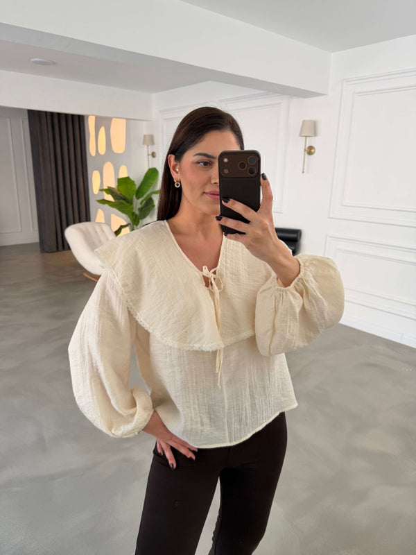 Krem Yakası Dantel Detaylı Keten Bluz 5068-Krem