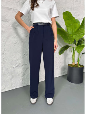 Lacivert Çift Pileli Kemerli Pantolon 3851-LACİVERT