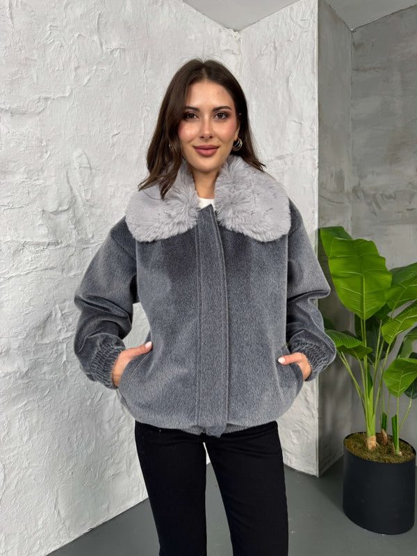 Premium Gri İthal Kumaş Kürk Mont 70099-Gri