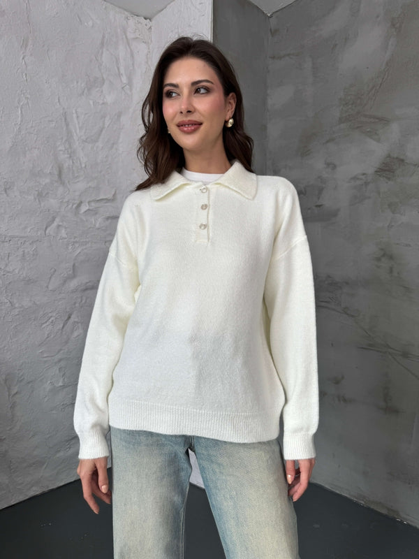 Ekru Polo Yaka Düğmeli Triko Kazak 2482-EKRU