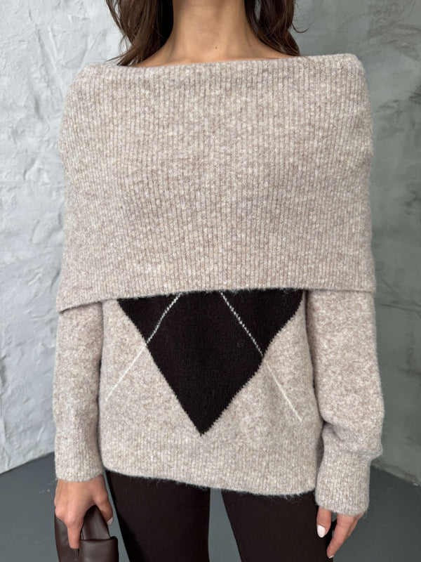 Vizon Açık Yaka Baklava Desen Kazak 2530