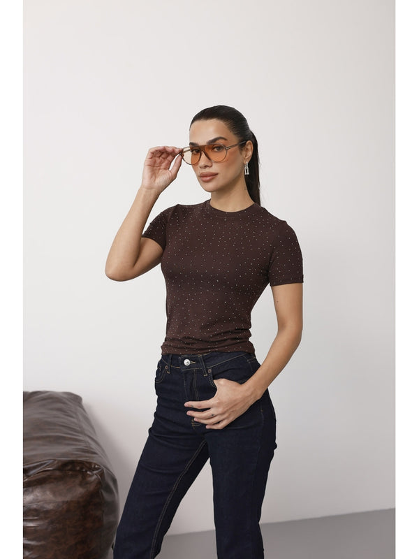 Kahverengi Taş Baskılı Body EY137-Kahverengi
