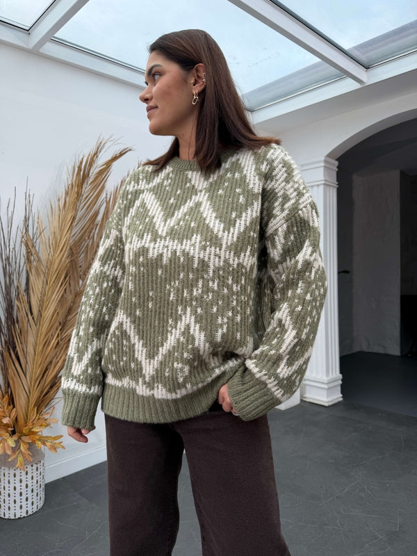 Yeşil Jakarlı Yumuşak Oversize Triko Kazak 2559-YEŞİL