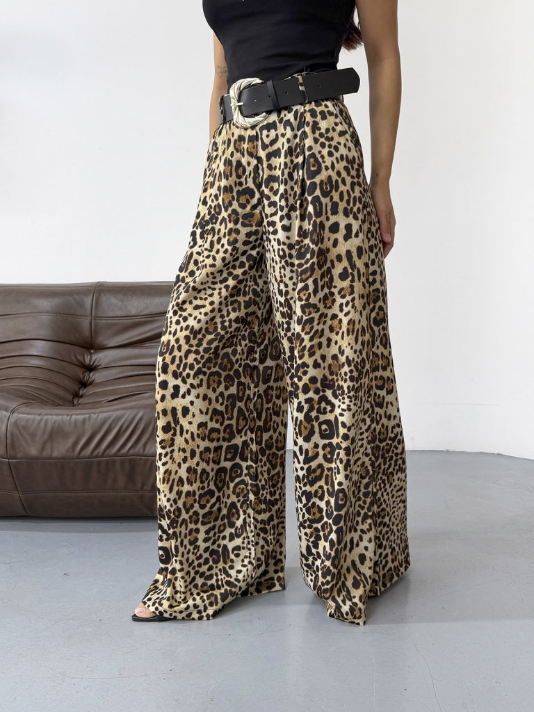 Leopar Gold Kemerli Saten Pantolon 1725-Leopar