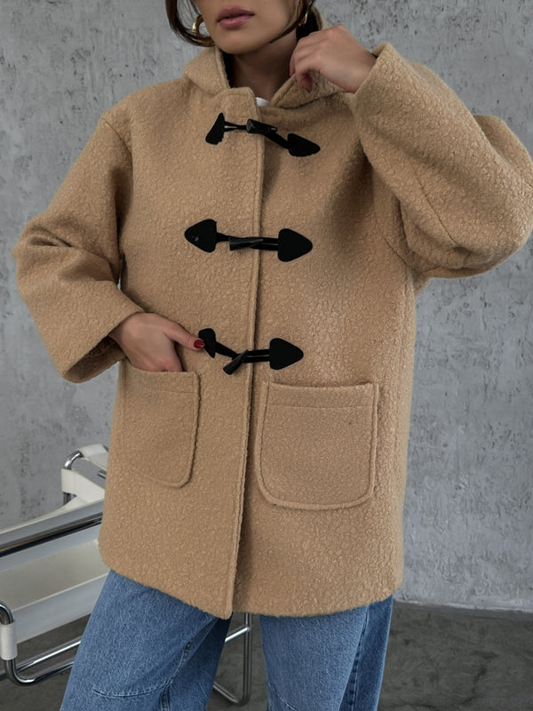 Camel Kapşonlu Düğme Detaylı Teddy Kaban