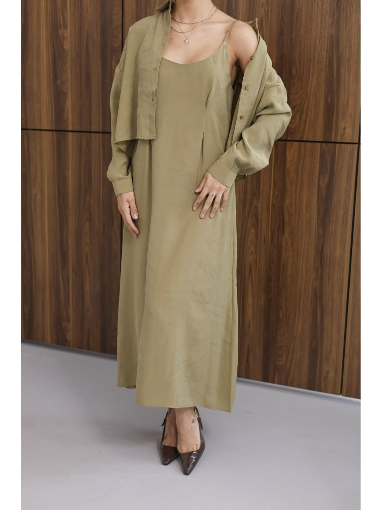 Haki İp Askılı Elbise Gömlek Takım 51153-HAKİ
