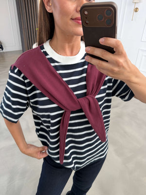 Bordo Fularlı Çizgili Tshirt 58499-Bordo