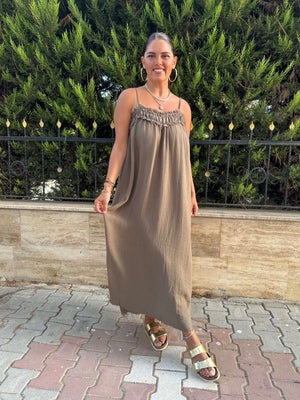Kahverengi İp Askılı Keten Elbise