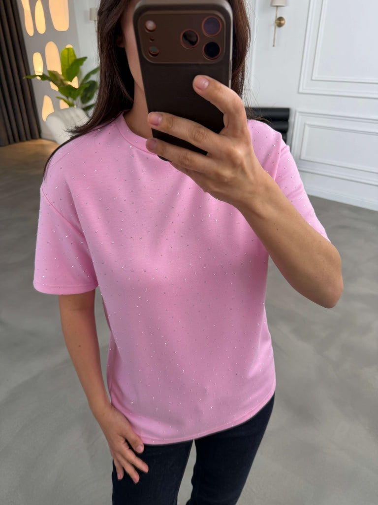 Pembe Taş Baskılı Tshirt 4236-Pembe