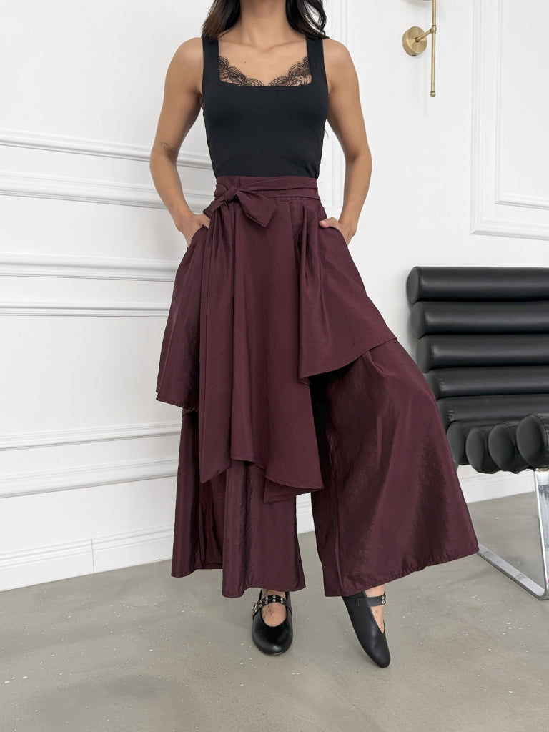 Mürdüm Bel Bağlamalı Etek Pantolon 0020-Mürdüm