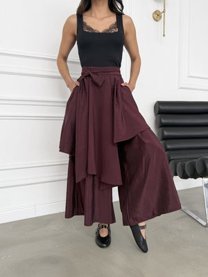 Mürdüm Bel Bağlamalı Etek Pantolon 0020-Mürdüm
