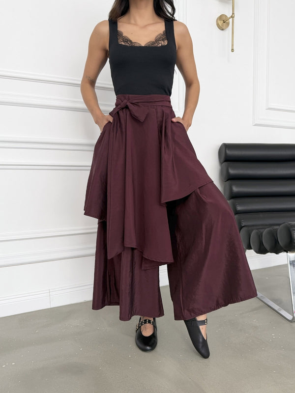 Mürdüm Bel Bağlamalı Etek Pantolon 0020-Mürdüm