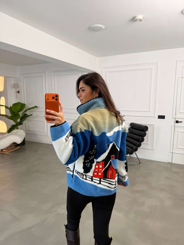 Mavi Dağ Evi Desenli Ön Fermuarlı Peluş Sweat 23313-Mavi