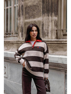 Kahve Polo Yaka Kalp Nakışlı Çizgili Kazak 2632-Kahve