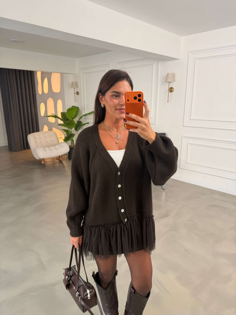 Acı Kahve Tül Garnili Oversize Hırka 2839-Acı Kahve