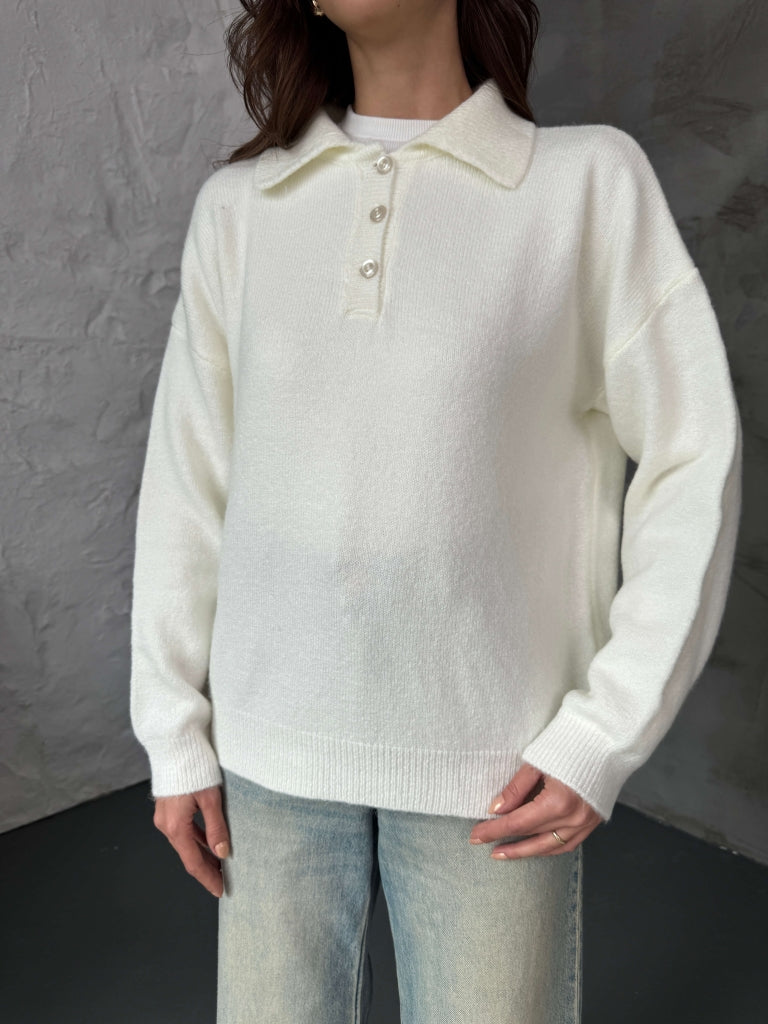 Ekru Polo Yaka Düğmeli Triko Kazak 2482-EKRU