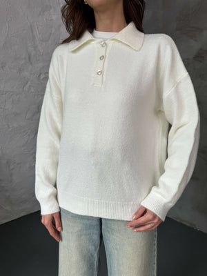 Ekru Polo Yaka Düğmeli Triko Kazak 2482-EKRU