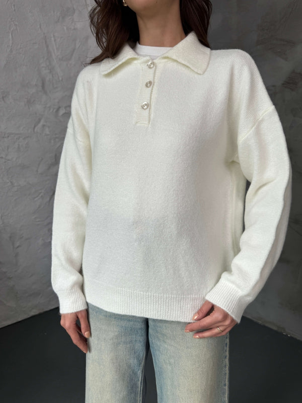 Ekru Polo Yaka Düğmeli Triko Kazak 2482-EKRU