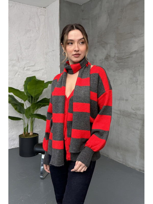 Kırmızı Çizgili Atkılı Hırka 2569-Kırmızı