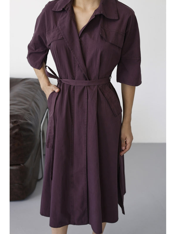 Mürdüm Önden Fermuarlı Kuşaklı Elbise 0049-Mürdüm