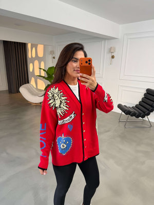 Kırmızı Güneş Desenli Hırka 261088-Kırmızı