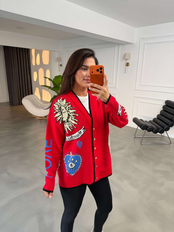 Kırmızı Güneş Desenli Hırka 261088-Kırmızı