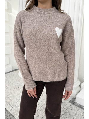 Dilvin Vizon Yumuşak Dokulu Kalpli Triko Kazak 10837-Vizon